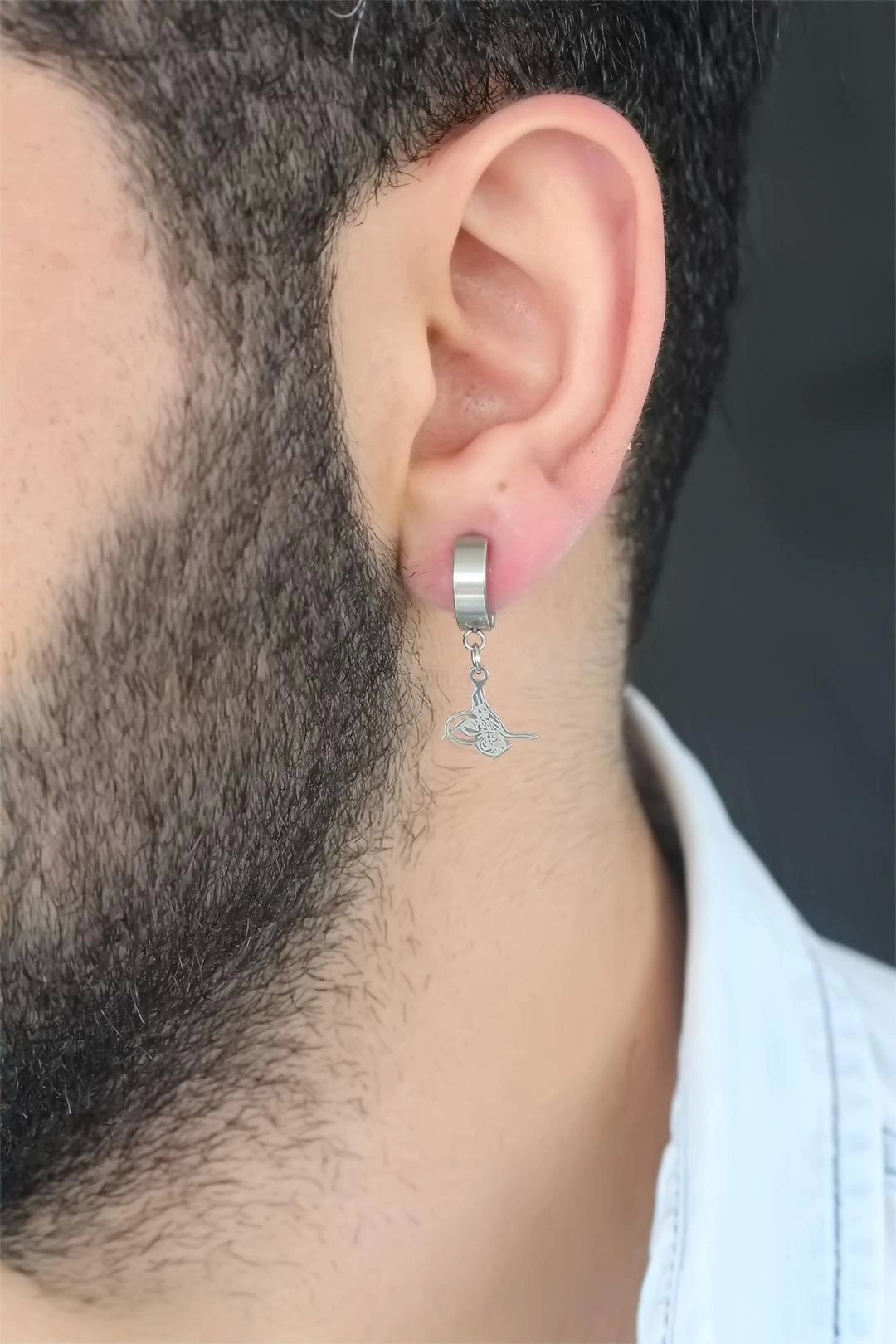 BFS Silver Renk Kaplama Osmanlı Tuğra Figürlü Kıstırmalı Çelik Erkek Küpe