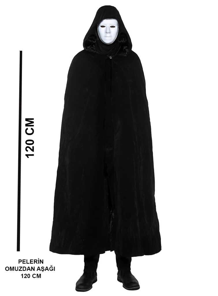 BFS  Siyah Kapüşonlu 120 cm Pelerin ve Beyaz Boyanabilir Tam Yüz Maske