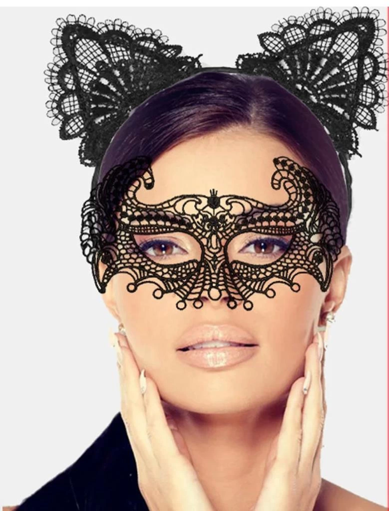 BFS   Siyah Renk Dantel Maske ve Dantel Kulak Taç Seti Yetişkin No 4