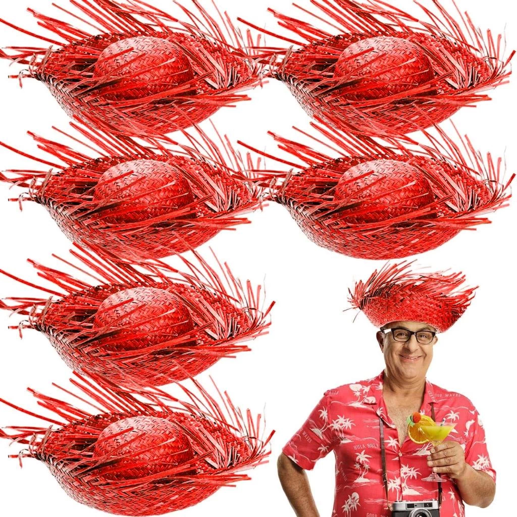 BFS   Tropikal Parti Kırmızı Hasır Hawaii Şapkası 13x36 cm