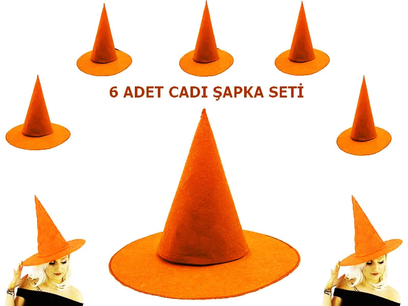 BFS   Turuncu Renk Keçe Cadı Şapkası Yetişkin Çocuk Uyumlu 6 Adet