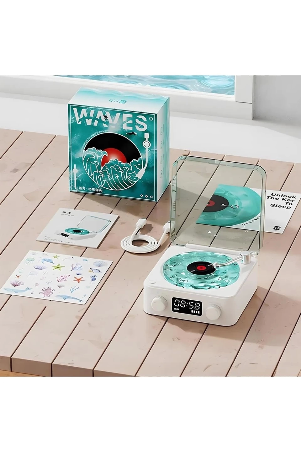 BFS Waves Nostalji Plak Görünümlü Bluetooth Hoparlör 3d Ses Dalgası Retro Müzik Plak Mavi