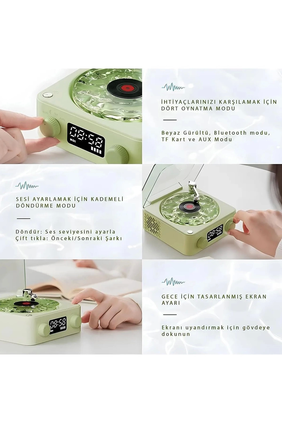BFS Waves Nostalji Plak Görünümlü Bluetooth Hoparlör 3d Ses Dalgası Retro Müzik Plak Yeşil