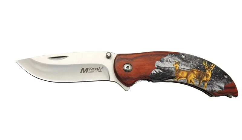 BFS Y13 G Kahverengi Kamp Çakı 20cm- Yarı Otomatik, Kemerlkli, Ahşap Geyik İşlemeli Sap