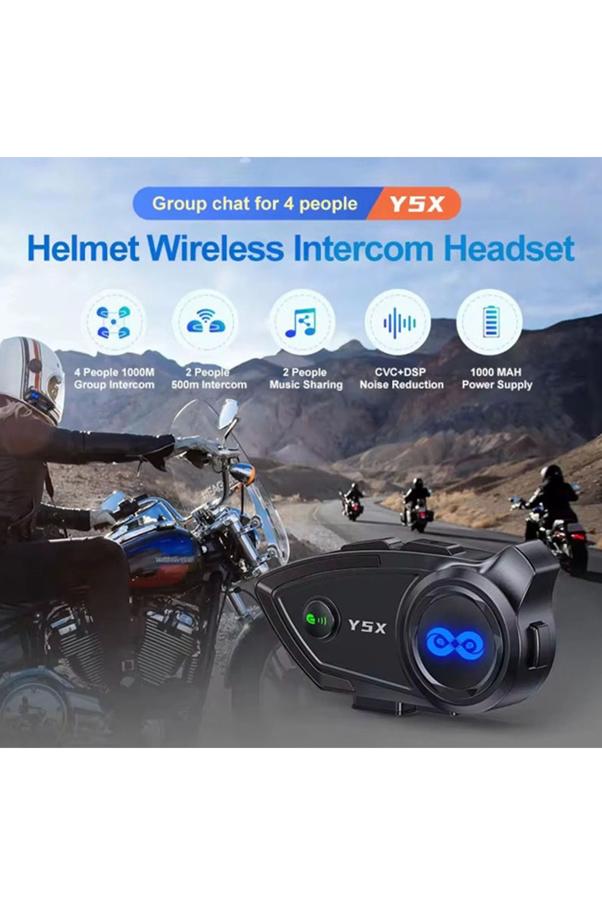 BFS Y5x Rgb Işıklı Intercom 5 Kişi Bağlantılı 1000mah Motosiklet Bluetooth Kulaklık Seti