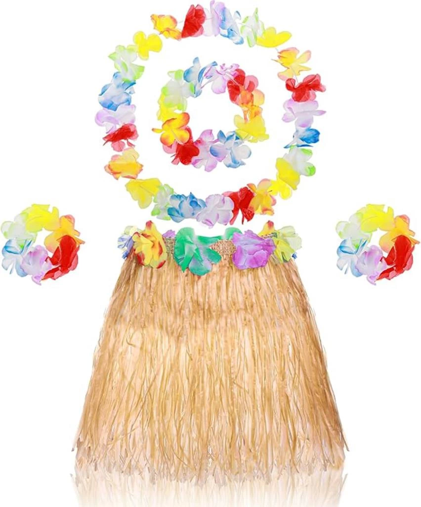 BFS   Yetişkin Çocuk Hawaii Parti Seti - 40 cm Naturel Etek + Çiçek Aksesuarlar (5 Parça)