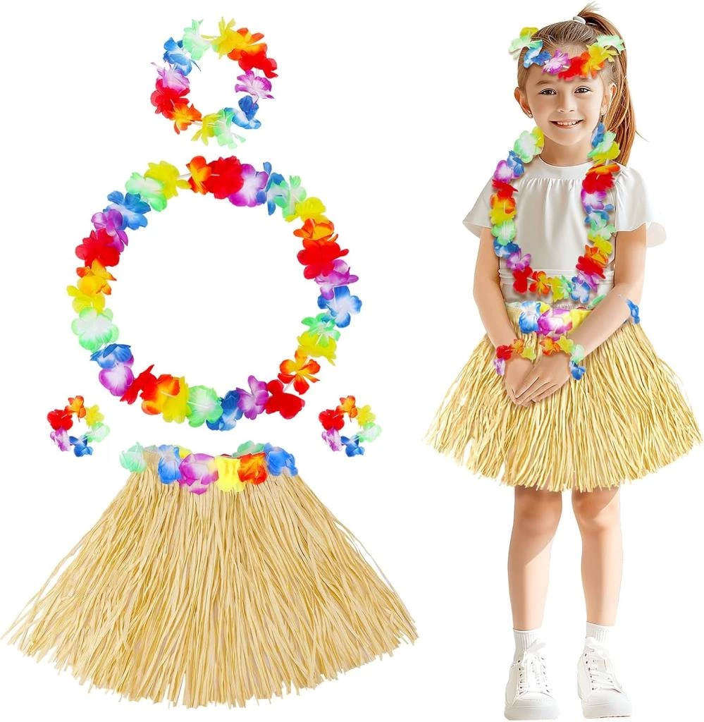 BFS   Yetişkin Çocuk Hawaii Parti Seti - 40 cm Naturel Etek + Çiçek Aksesuarlar (5 Parça)