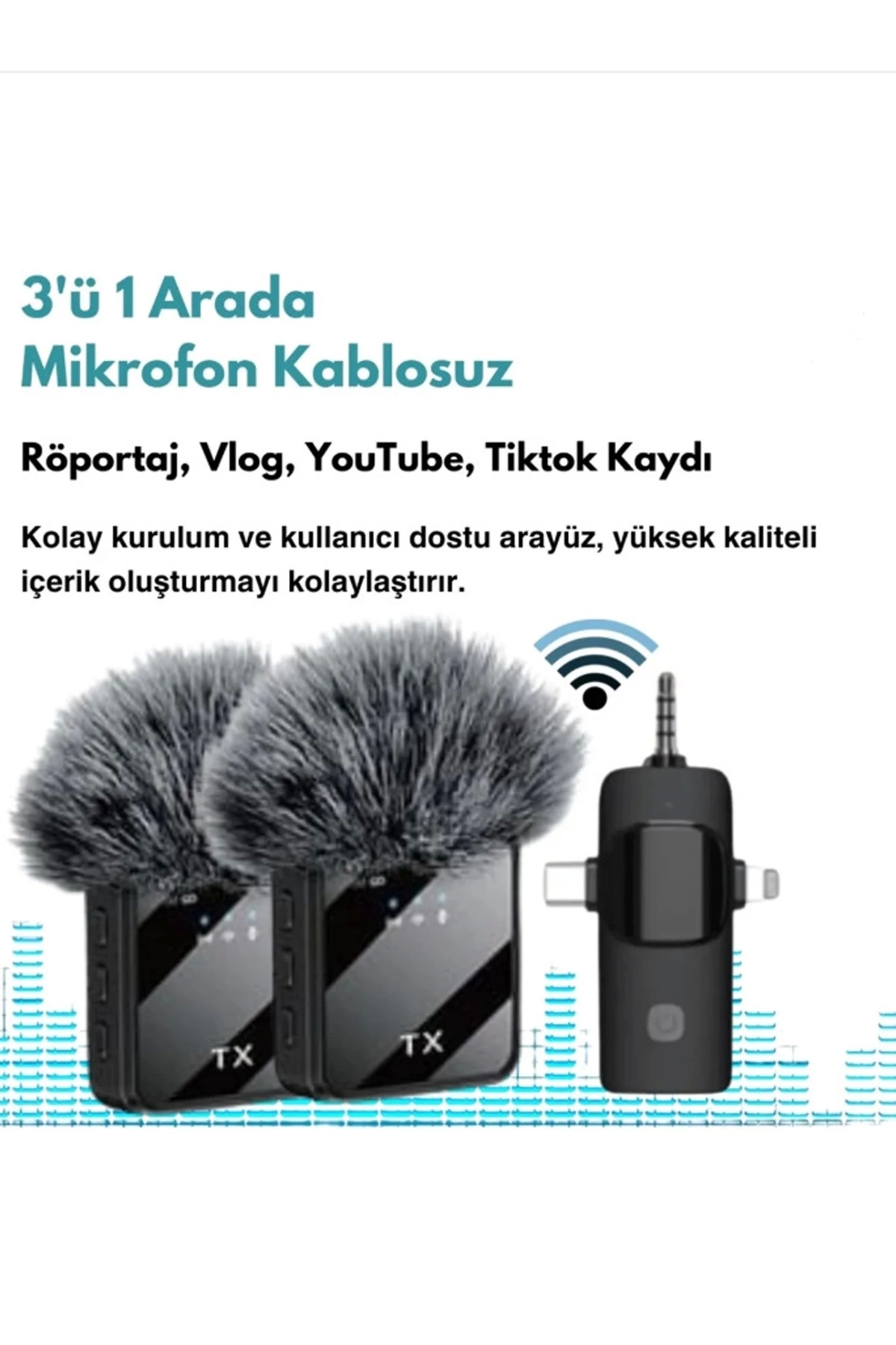 BFS Yüksek Kalite Profesyonel 3 In 1 Kablosuz Taşınabilir Yaka Mikrofonu Tüylü