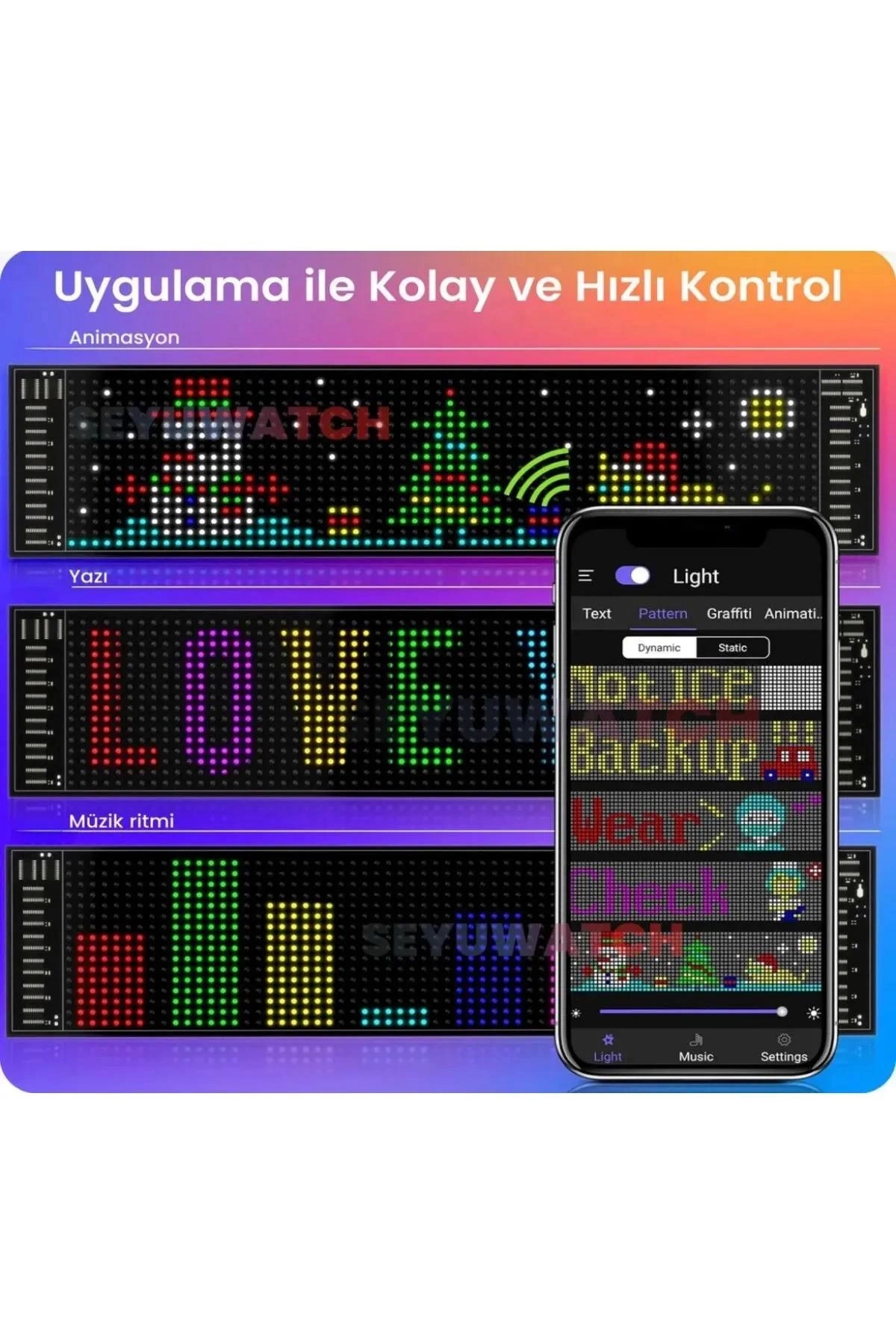 Led Panel Cama Yapışan Telefon Kontrollü Led Ekran Panel 16*64 Led Sayısı
