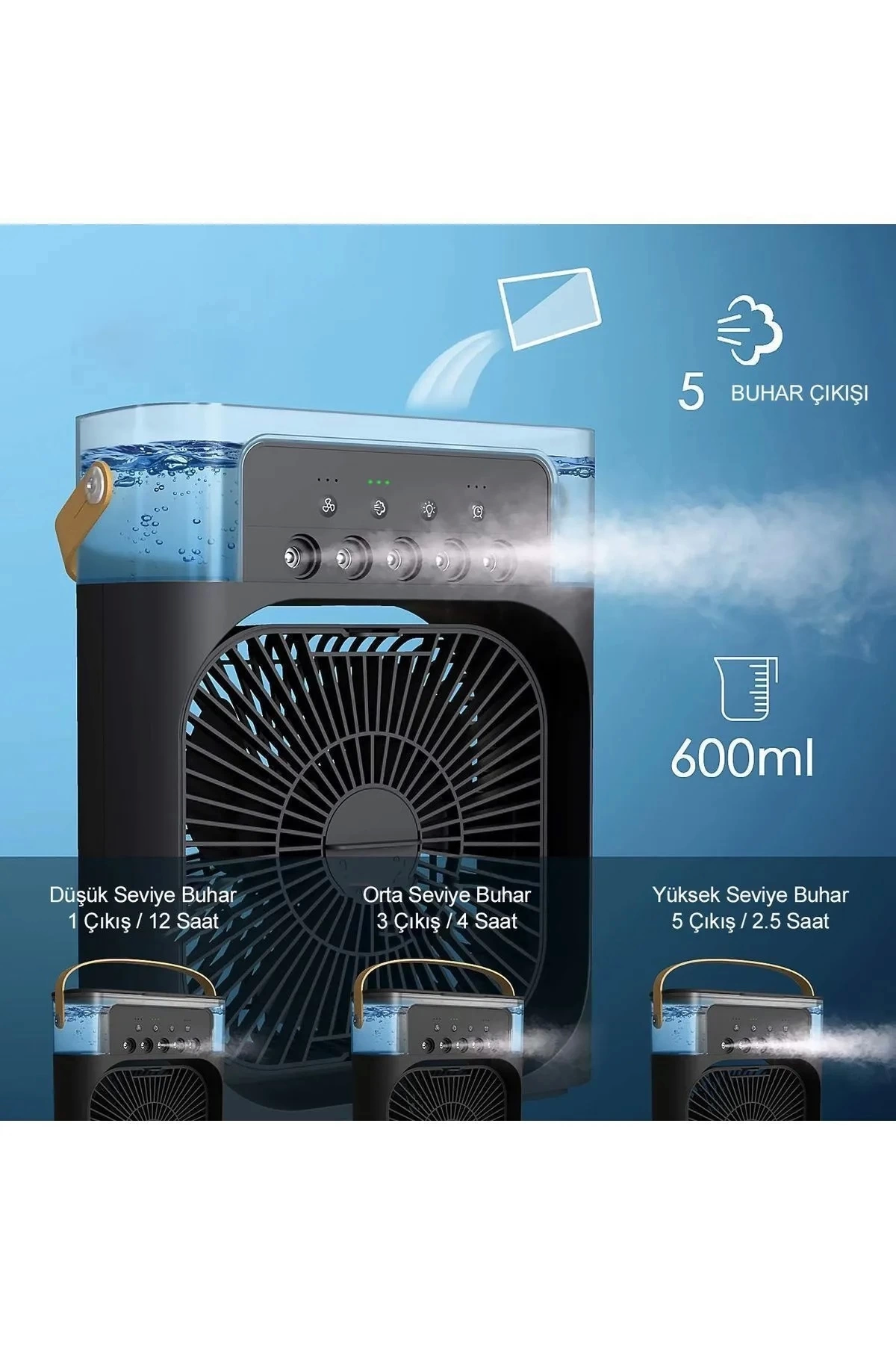 Taşınabilir Işıklı 5 Spreyli Vantilatör Buzlu Buharlı Vantilatör Mini Fan Nemlendirici