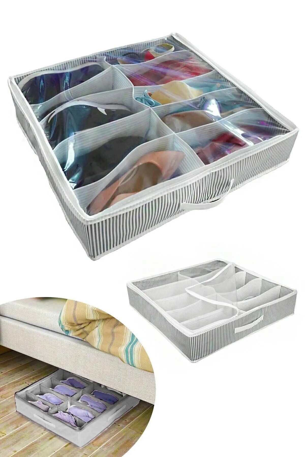 Ayakkabı Saklama Çantası 10 Bölmeli Shoes Under Ayakkabı Hurcu - Siyah Beyaz (5271)