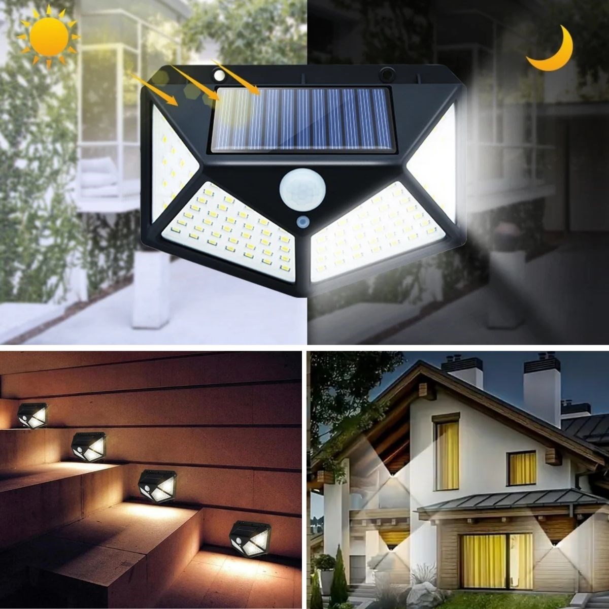 100 Ledli 3 Farklı Aydınlatma Ayarlı Solar Güneş Enerjili Hareket Sensörlü Bahçe Duvar Lambası (5271)