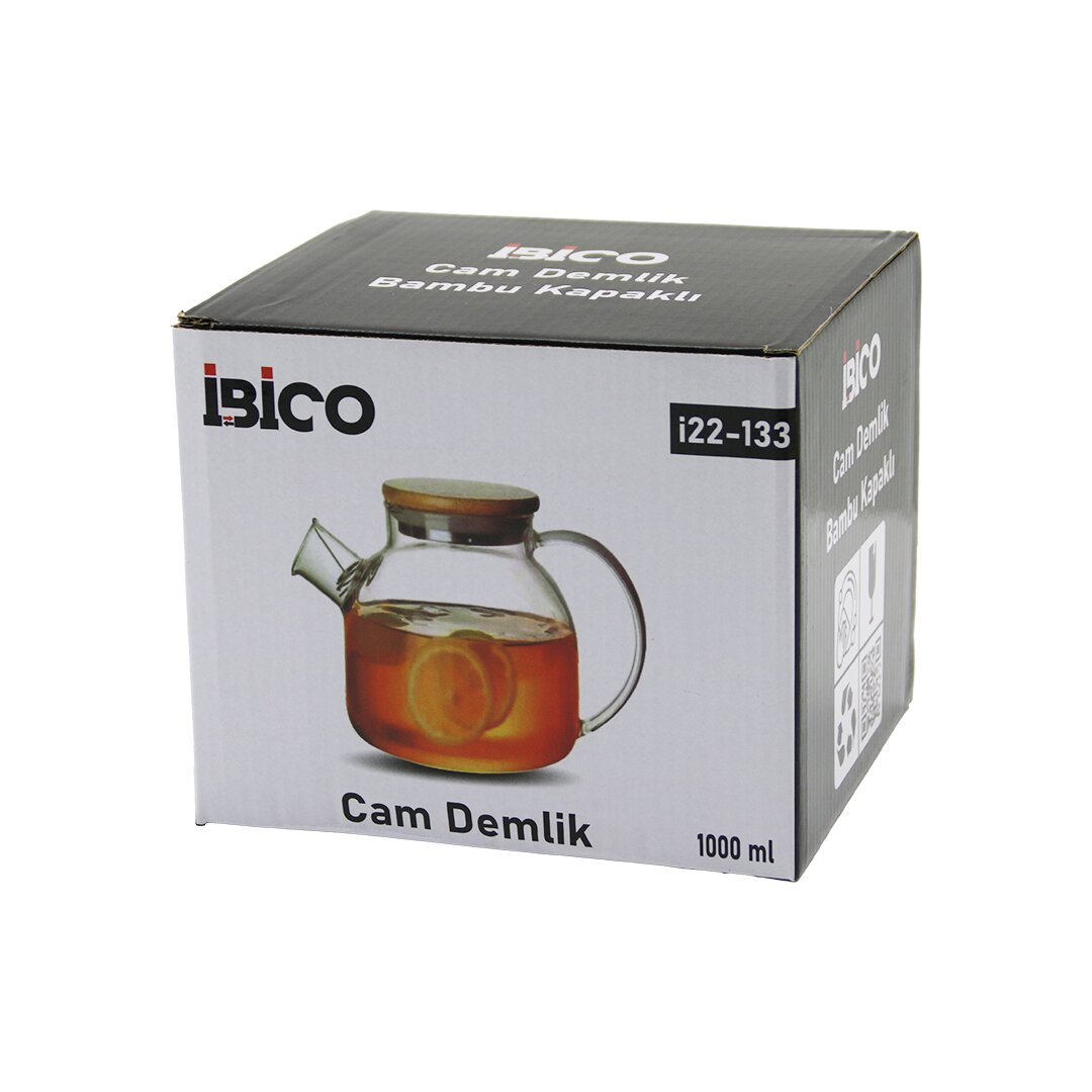 1000ML SADE DÜZ CAM DEMLİK  BAMBU DIŞ YÜZEY - METAL İÇ YÜZEY - SİLİKON CONTALI KAPAK (5271)
