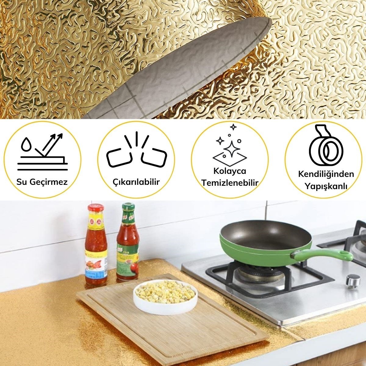 10 Metre Kendinden Yapışkanlı Silinebilir Mutfak Tezgah Üstü Sticker Folyo Gold Renk (5271)