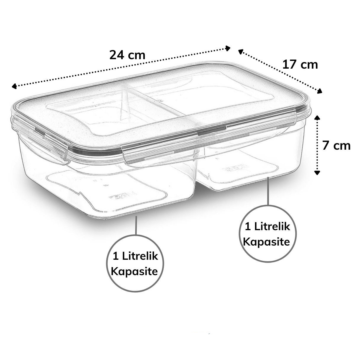 2 Bölmeli 1+1 Litre Kilitli Kapaklı Erzak Saklama Kabı LC-525 (5271)