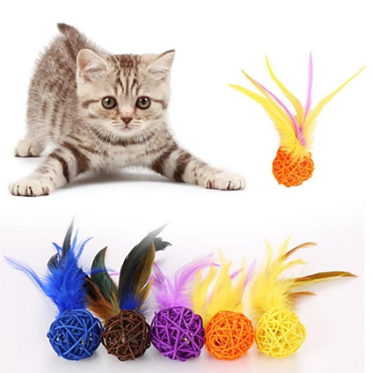 2li Rattan Renkli Peluş Tüy Kedi Köpek Oyuncak Yakalama Çiğneme Çıngıraklı Top Oyuncağı (5271)