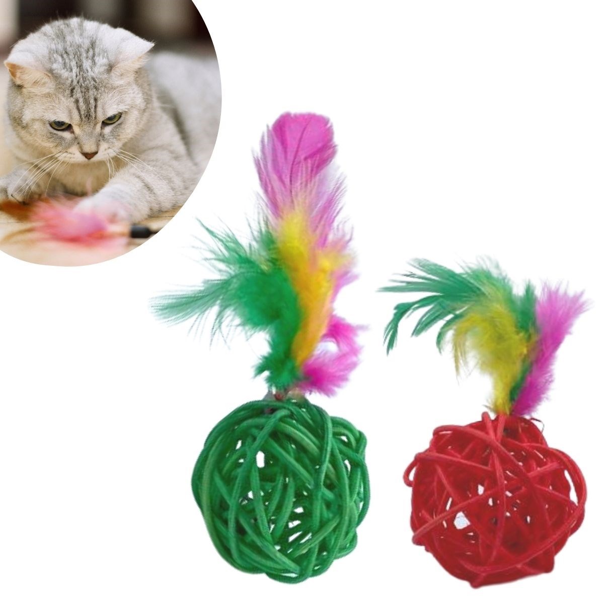 2li Rattan Renkli Peluş Tüy Kedi Köpek Oyuncak Yakalama Çiğneme Çıngıraklı Top Oyuncağı (5271)