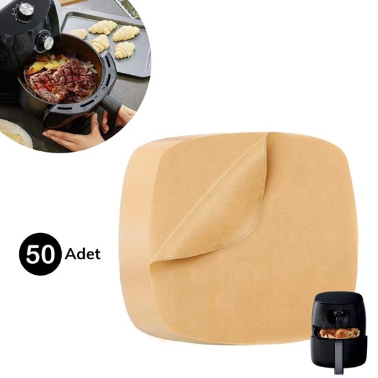 50 Adet Air Fryer Pişirme Kağıdı Tek Kullanımlık Yağ Su Geçirmez Yapışmaz Deliksiz Düz Kare Model (5271)