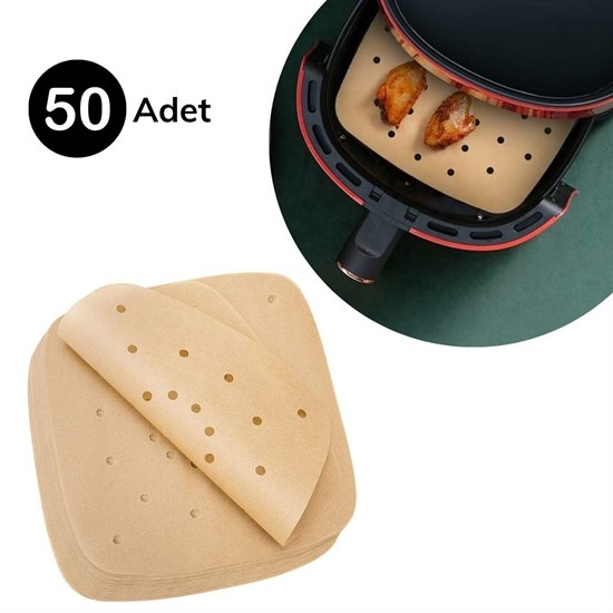 50 Adet Air Fryer Pişirme Kağıdı Tek Kullanımlık Hava Fritöz Yapışmaz Yağlı Kağıt Delikli Model (5271)