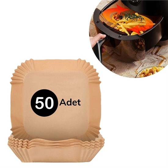 50 Adet Air Fryer Pişirme Kağıdı Tek Kullanımlık Hava Fritöz Yağ Geçirmez Yapışmaz Kare Tabak Model (5271)