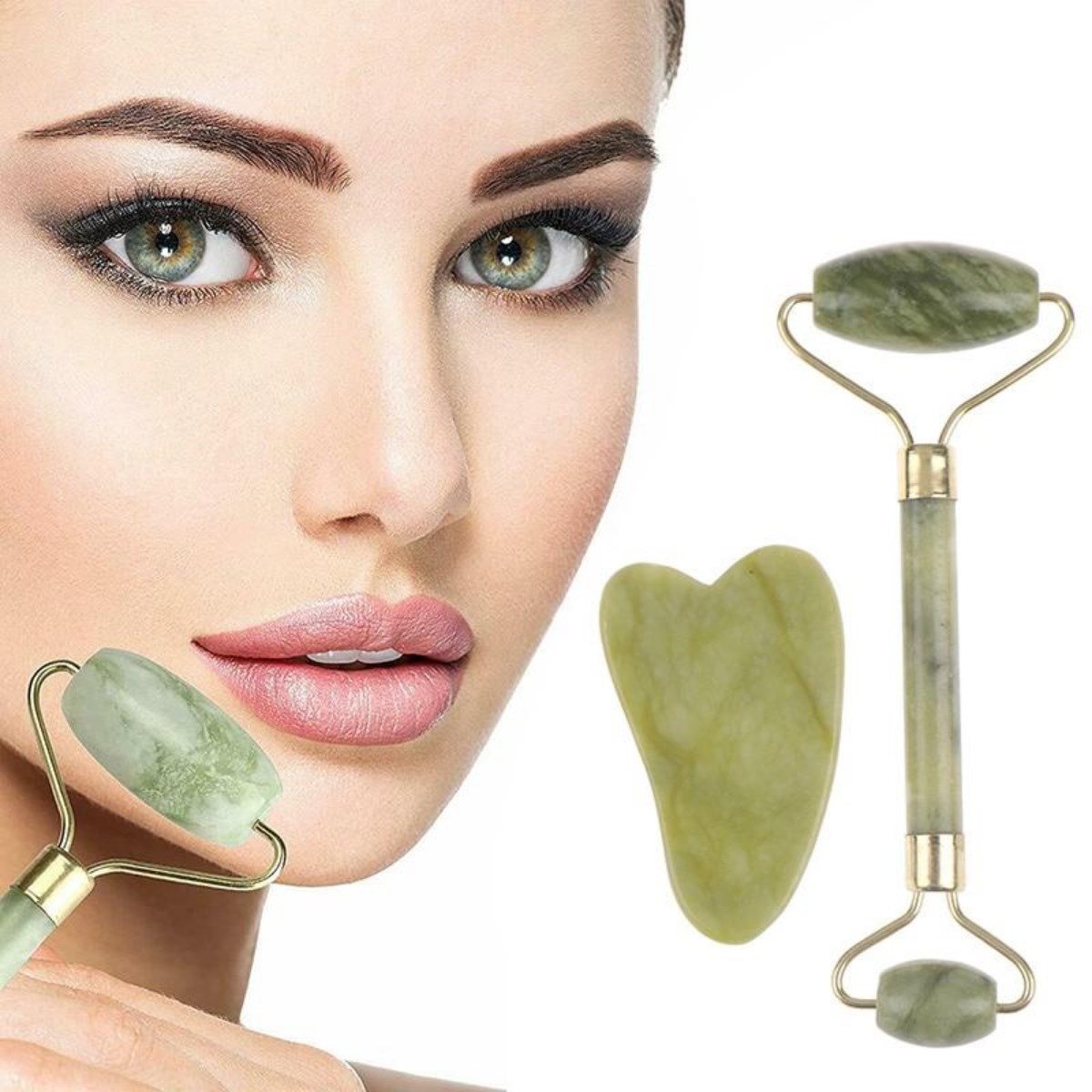 Çift Taraflı 2li Cilt Yüz Masaj Aleti Jade Roller Yeşim Taşı Seti (5271)