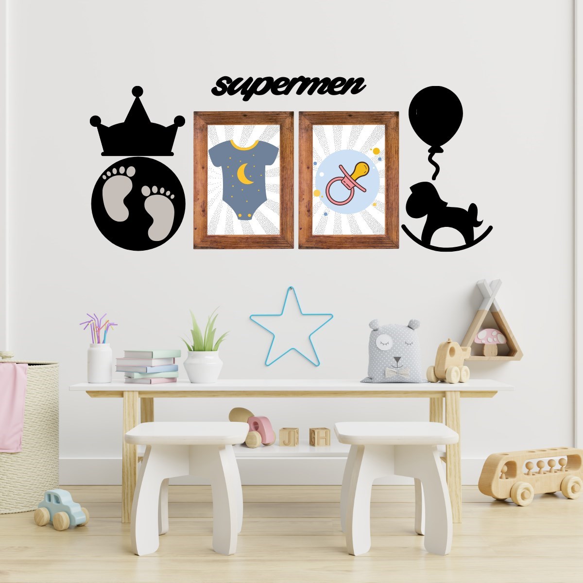 DECO103 Supermen Dekoratif Duvar Süsü Tablo Aksesuar Ahşap Tasarım Hediye Pano Sticker Seti (5271)