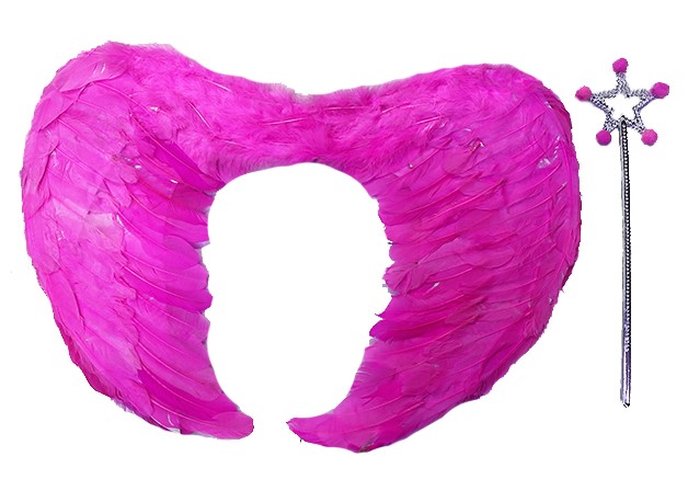 Gerçek Tüylü Katlanabilir Çocuk Pembe Melek Kanadı ve Asa Seti 40x55 cm (5271)