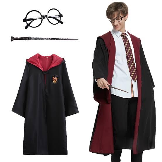 Harry Potter Gryffindor Kapişonlu Çocuk Kostüm + Asa + Gözlük Seti 11-12 Yaş (5271)