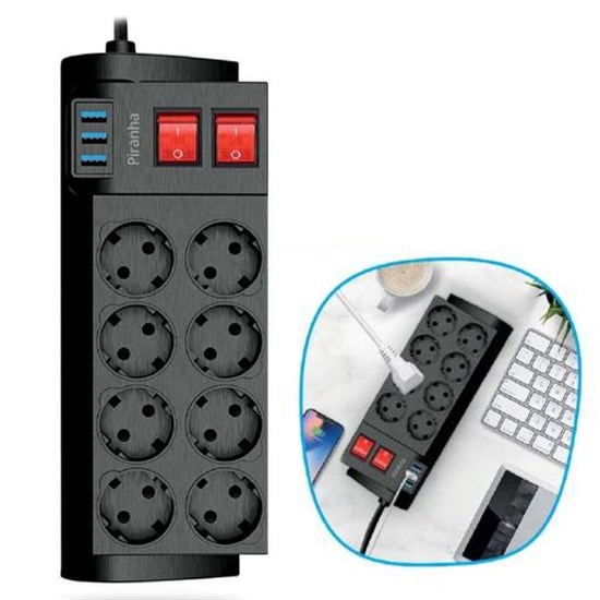Isıya Dayanıklı Termal Akım Korumalı 2 Metre 16A 4000W 8li Priz ve 3 Usb Li Uzatma Kablosu (5271)