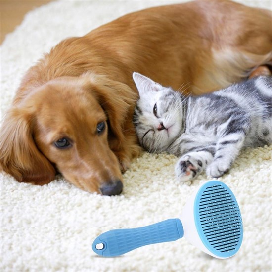 Kedi Köpek Tüy Toplayıcı Kendini Temizleyebilen Ergonomik Saplı Evcil Hayvan Tarağı Mavi (5271)