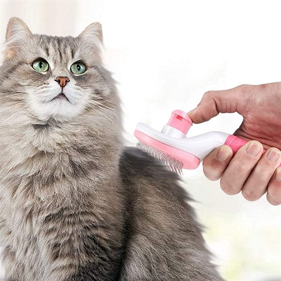 Kedi Köpek Tüy Toplayıcı Kendini Temizleyebilen Ergonomik Saplı Evcil Hayvan Tarağı Pembe (5271)