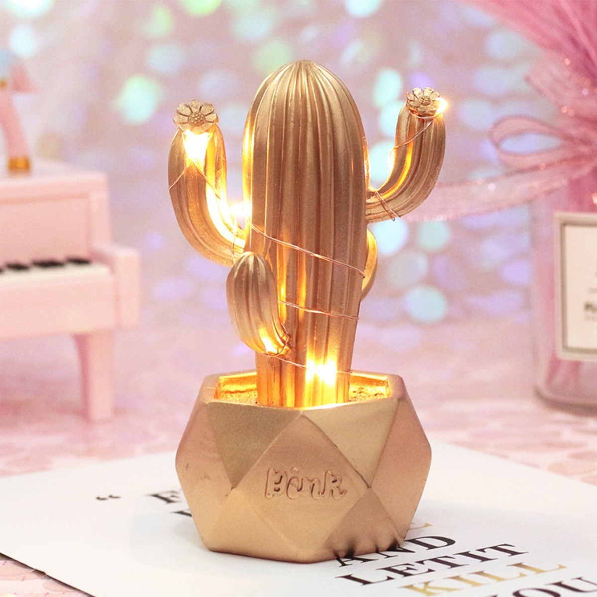 Led Işıklı Sevimli Kaktüs Dekoratif Masa Lambası Mini Biblo Gece Lambası-GOLD (5271)
