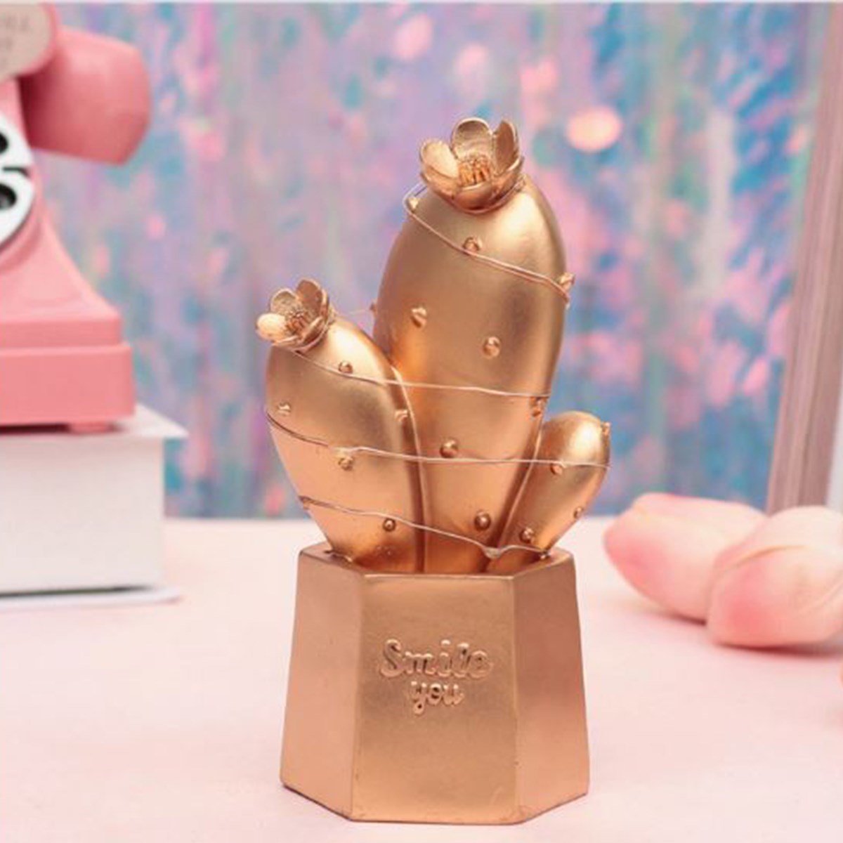 Led Işıklı Sevimli Kaktüs Dekoratif Masa Lambası Mini Biblo Gece Lambası Gold (5271)