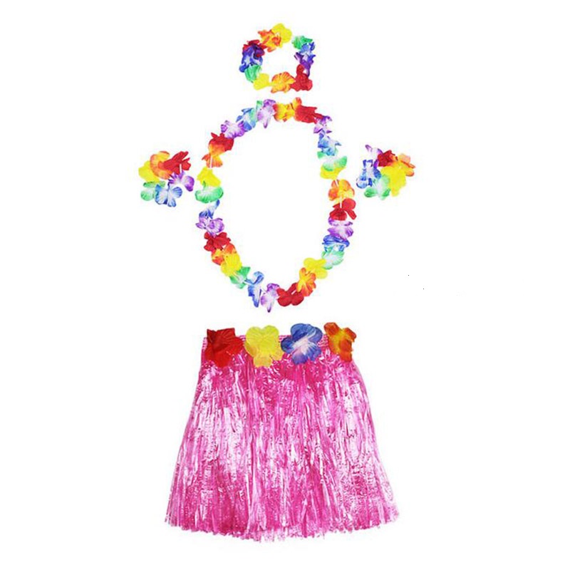 Luau Aloha Hawaii  Kolye Etek Taç ve Bileklik Seti Pembe (5271)