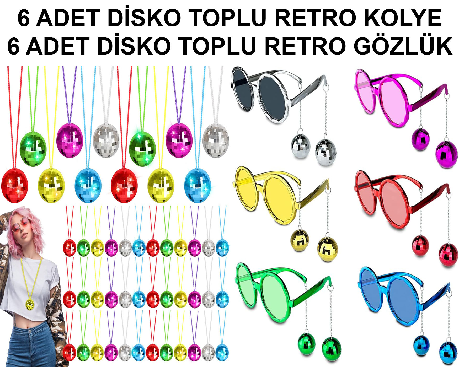 12 Parça Renkli Disko Toplu Retro Parti Seti – 6 Kolye + 6 Gözlük (5271)