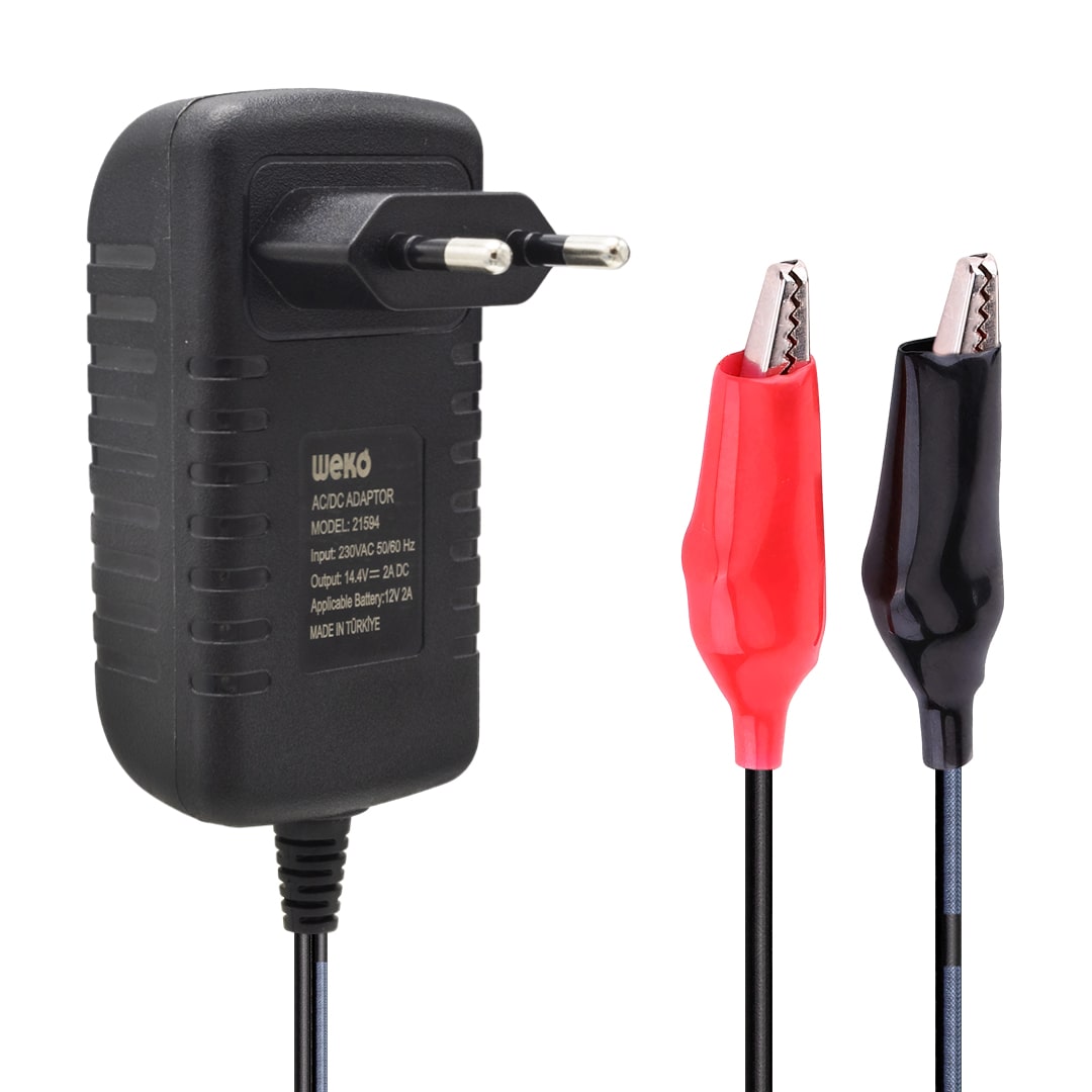 14.4 VOLT - 2 AMPER KIRMIZI*YEŞİL LEDLİ YERLİ ÜRETİM KROKODİL UÇLU AKÜ ŞARJ CİHAZI (OUT :12V-2A) (5271)