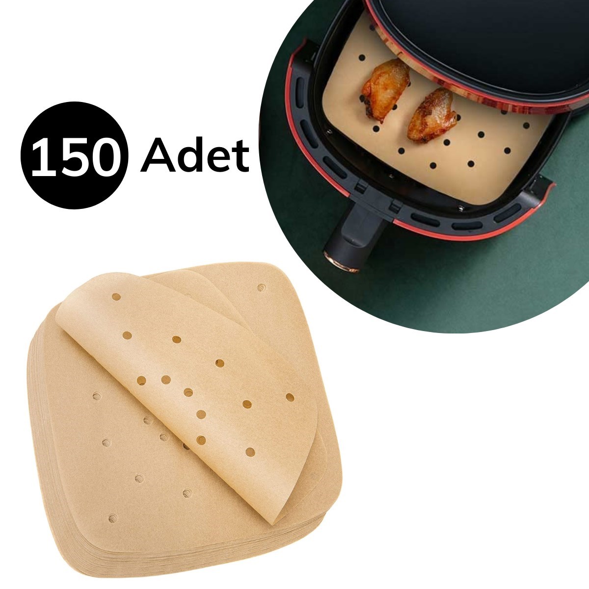150 Adet Air Fryer Pişirme Kağıdı Tek Kullanımlık Hava Fritöz Yağ Geçirmez Yapışmaz Gıda Pişirme Kağıdı Delikli Kare Model (5271)