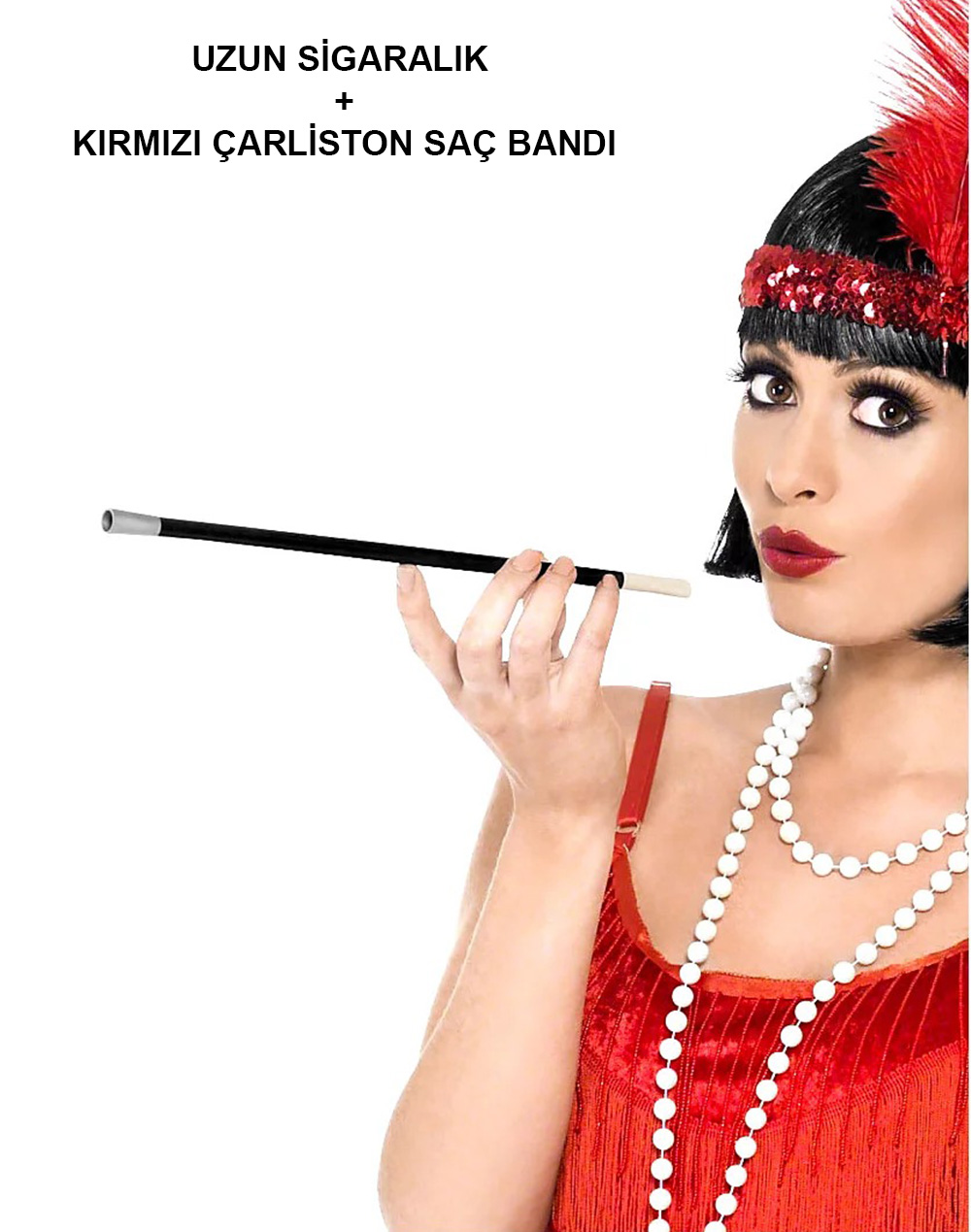 1920&apos;ler 1990&apos;lar Gatsby Kadın Aksesuar Seti – Kırmızı Charleston Saç Bandı ve Sigaralık (5271)