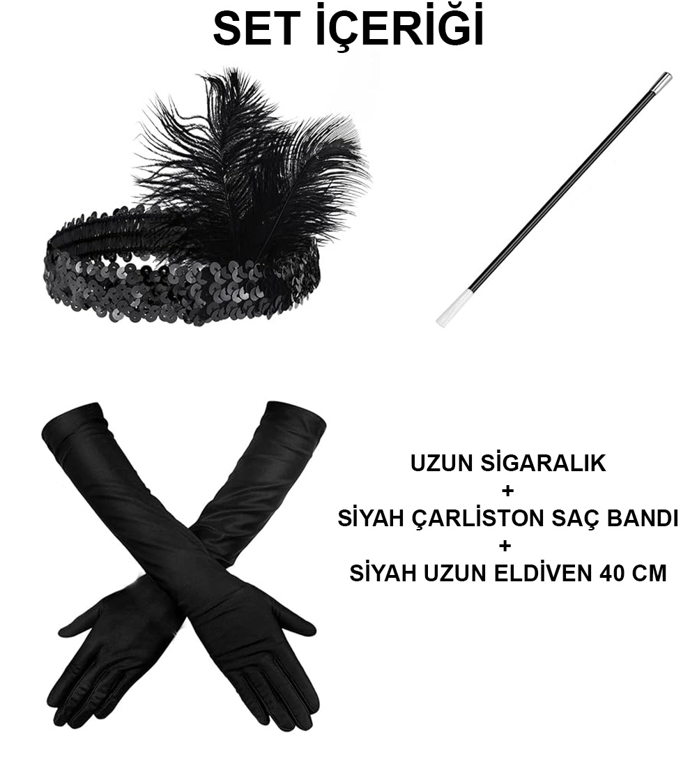 1920&apos;ler Gatsby Aksesuar Seti – Siyah Charleston Saç Bandı, Uzun Eldiven &amp;amp; Sigaralık (5271)