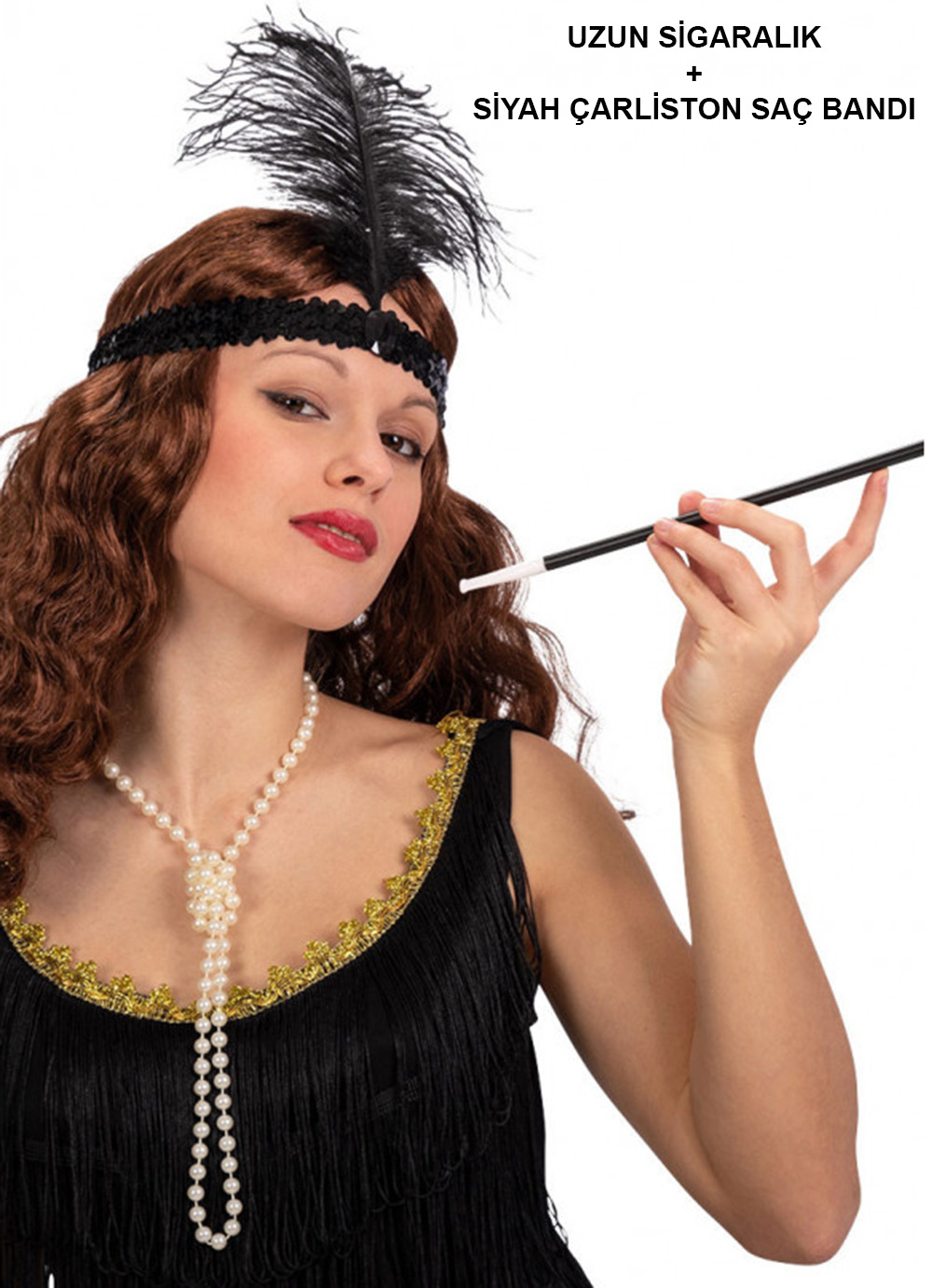 1920&apos;ler Gatsby Aksesuar Seti – Siyah Charleston Saç Bandı &amp;amp; Sigaralık (5271)