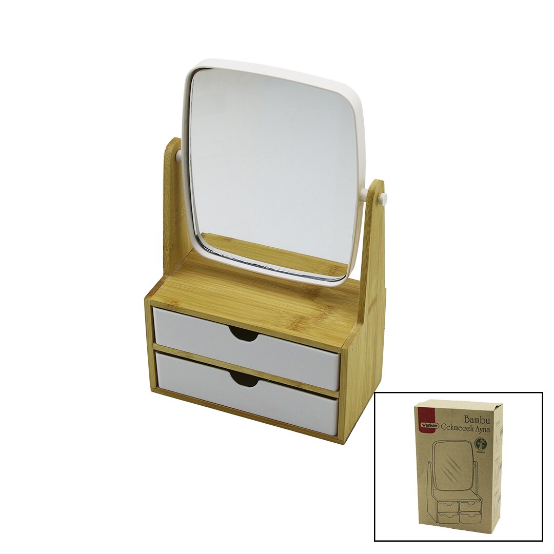 2 ÇEKMECELİ BAMBU AHŞAP STANDLI=9X9.9X17.8X21.5CM MAKYAJ AYNASI=15X18CM TAKILIK 1+1 ORGANİZER (5271)