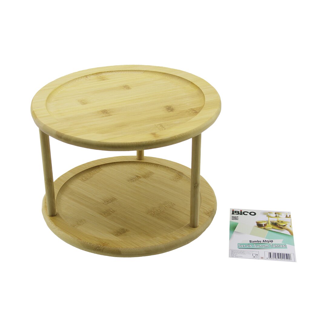 2 KATLI YUVARLAK=24.5CM DÖNER TABLALI AHŞAP BAMBU SUNUM TEPSİSİ - MİNİ SOFRA (5271)