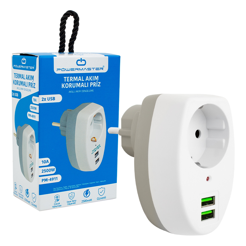 2 USBLİ TEKLİ TERMAL AKIM KORUMALI PRİZ (10A-2500W) (5271) 2 USBLİ TEKLİ TERMAL AKIM KORUMALI PRİZ (10A-2500W) (5271)