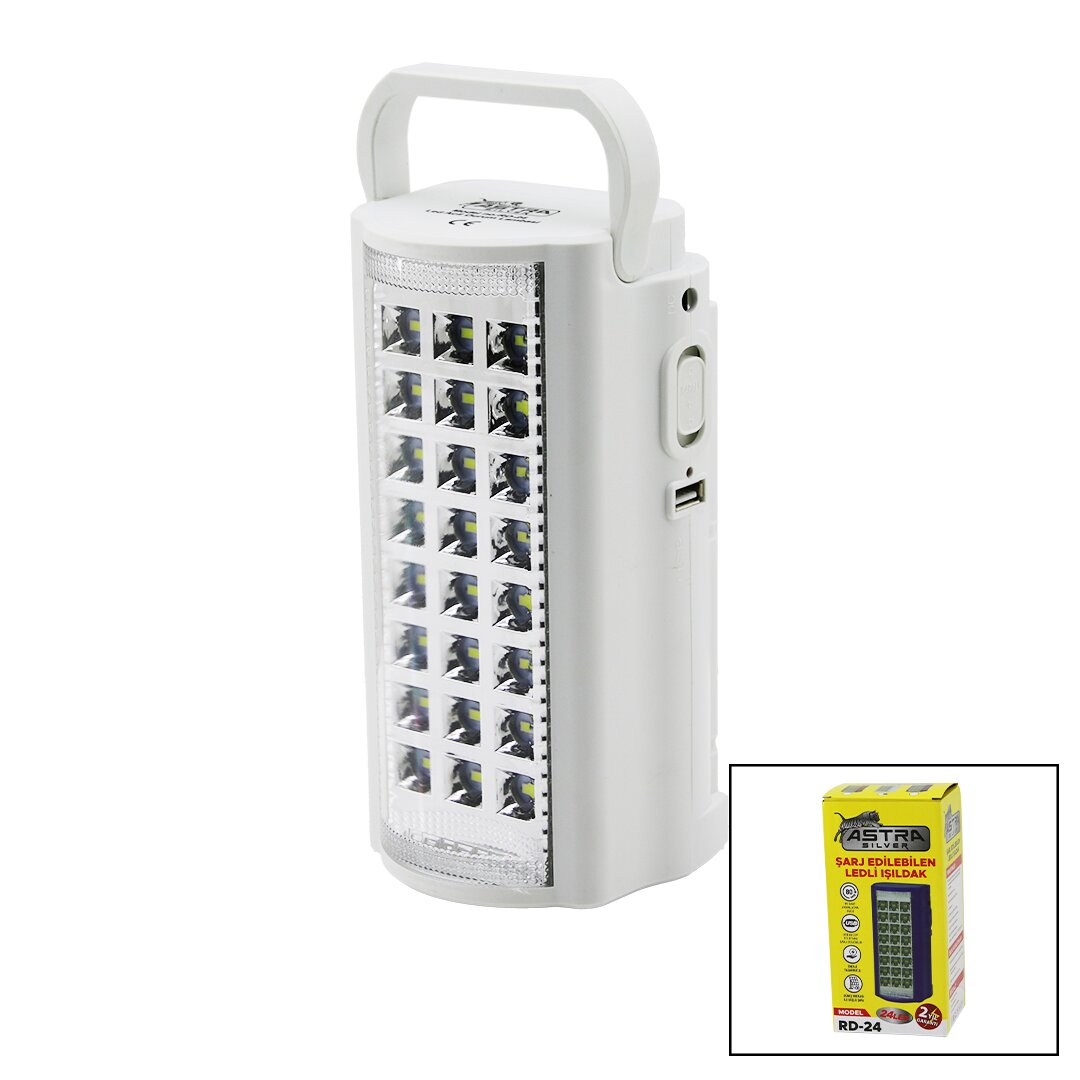 24 LEDFİŞ ŞARJLI - POWERBANKLEDLİ IŞILDAK LAMBA 6V 4.0AH AKÜTAŞIMA KULPLU RD-24 (5271)