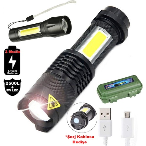 2500 Lumens + 5W COB LED USB Lion Şarjlı Ultra Güçlü Q5 XPE Su Geçirmez Şarjlı El Feneri (5271)