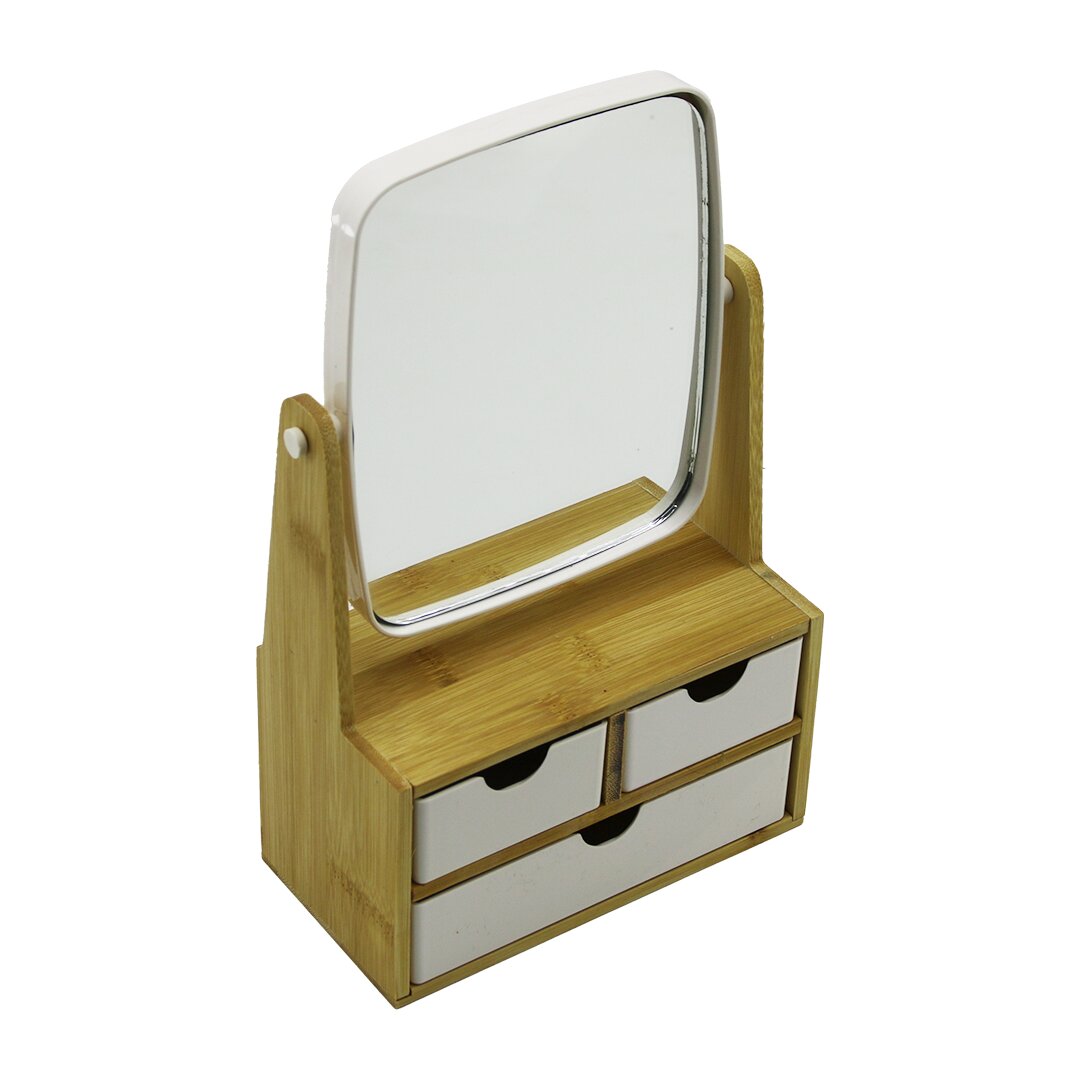 3 ÇEKMECELİ BAMBU AHŞAP STANDLI=9X9.5X18X21.5CM MAKYAJ AYNASI=15X18CM TAKILIK 2+1 ORGANİZER (5271)