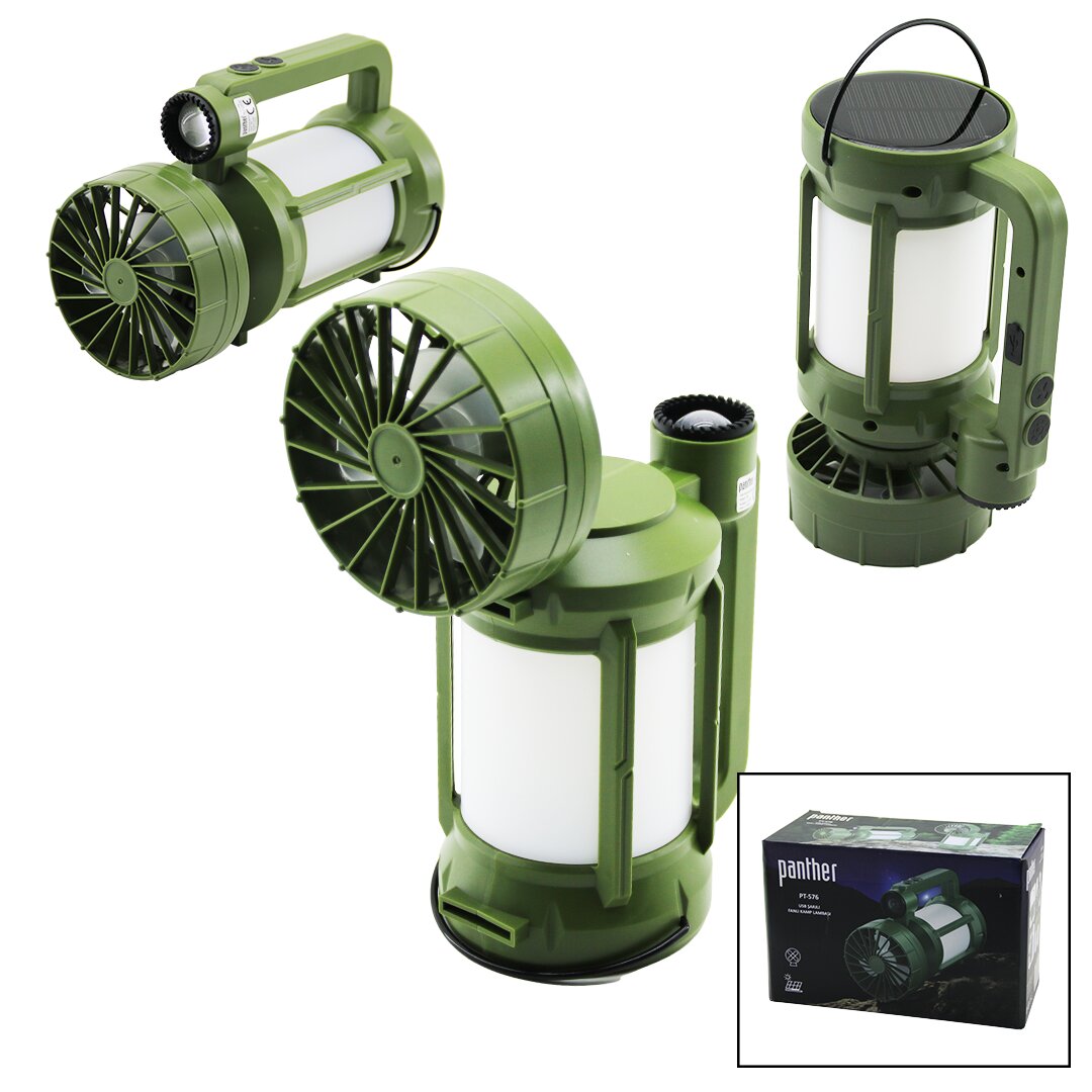 3İN1=FAN - 2-FENER SOLAR - USB ŞARJ VANTİLATÖR - KAMP LAMBA FENER:10W+5WFAN=90 DERECE OYNAR BAŞ- TEK KADEME PT-576 (5271)