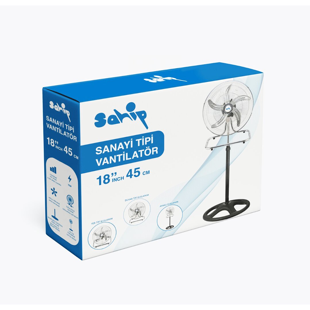 3İN1 KULLANIM 18 İNÇ 45 CM SANAYİ TİPİ AYAKLI VANTİLATÖR 5-METAL PERVANE 3-KADEME HIZ 75WY:150CM FAN (5271)