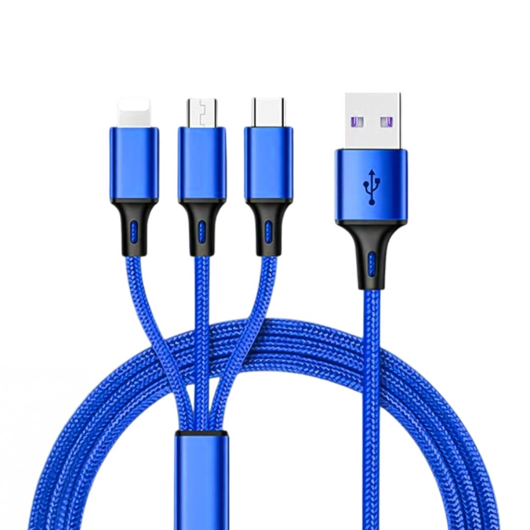 3IN1 MAVİ 1.2 METRE (MICRO USB - LIGHTNING - TYPE C) TELEFON ŞARJ KABLOSU (5271)