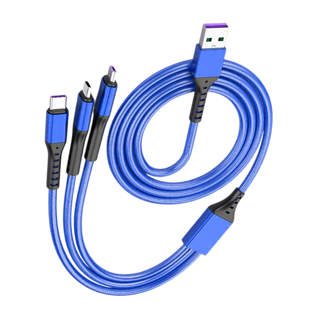 3IN1 MAVİ 1.2 METRE (MICRO USB - LIGHTNING - TYPE C) TELEFON ŞARJ KABLOSU (5271)